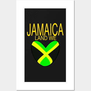 Jamaica land we love with Jamaican flag in black green and gold inside a heart shape Posters and Art